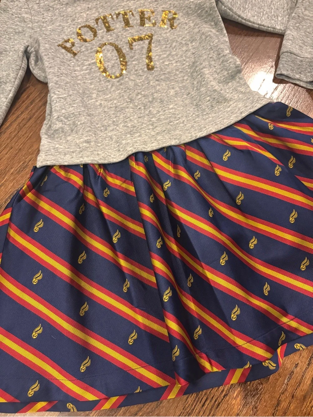 Mini Boden Harry Potter Gray Sweatshirt Top with Navy Red and Gold Striped Skirt